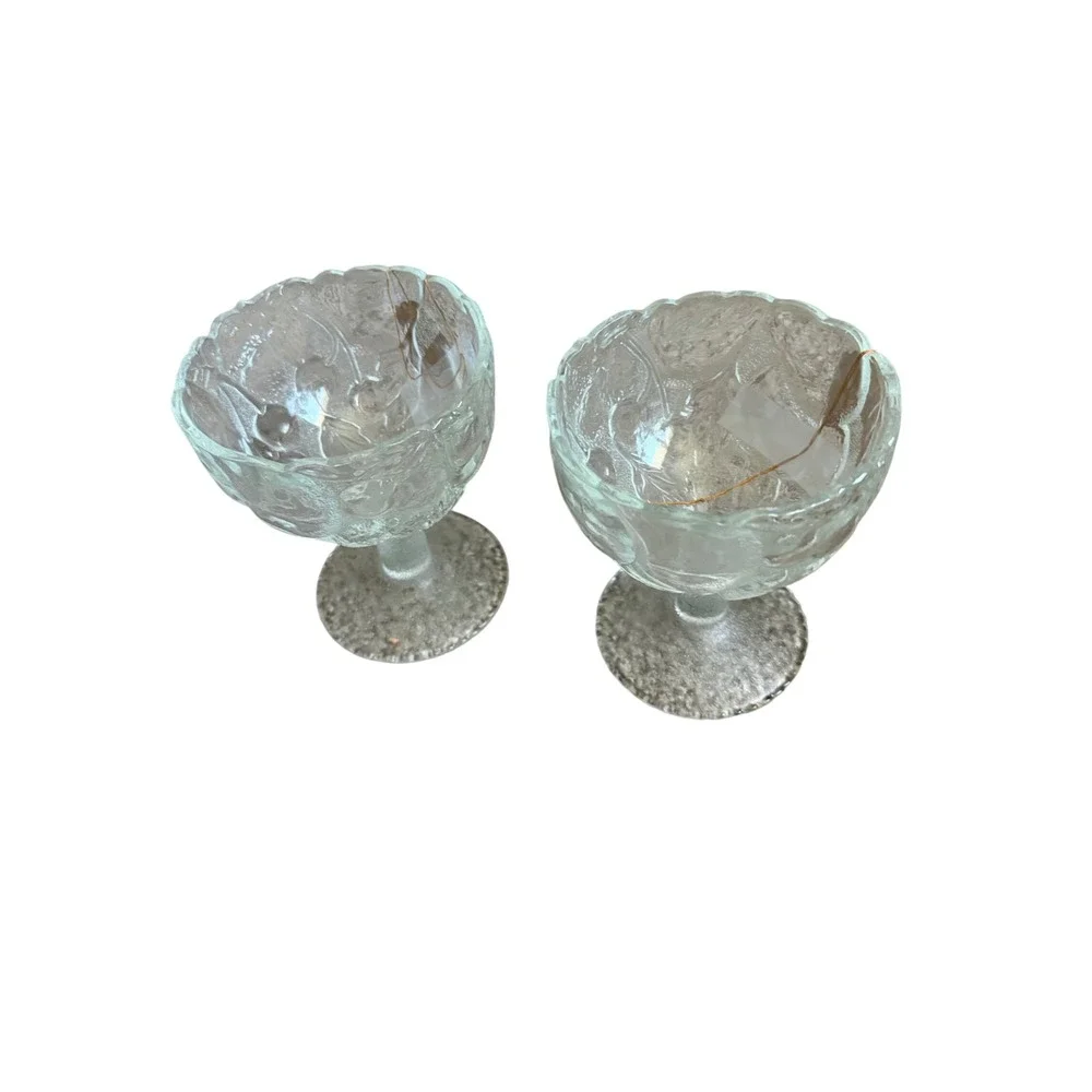 Vintage Pressed Glass Fruit Embossed Footed Dessert Bowls Sherbet Cups Set of 2